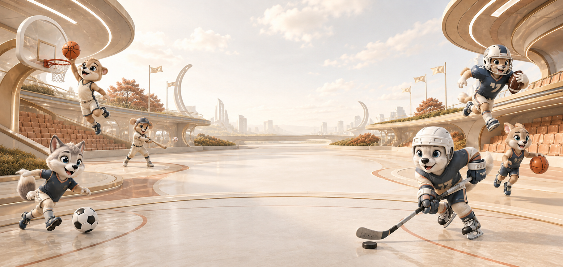 Warm Romibet sports arena featuring ice hockey, basketball, football, baseball and soccer